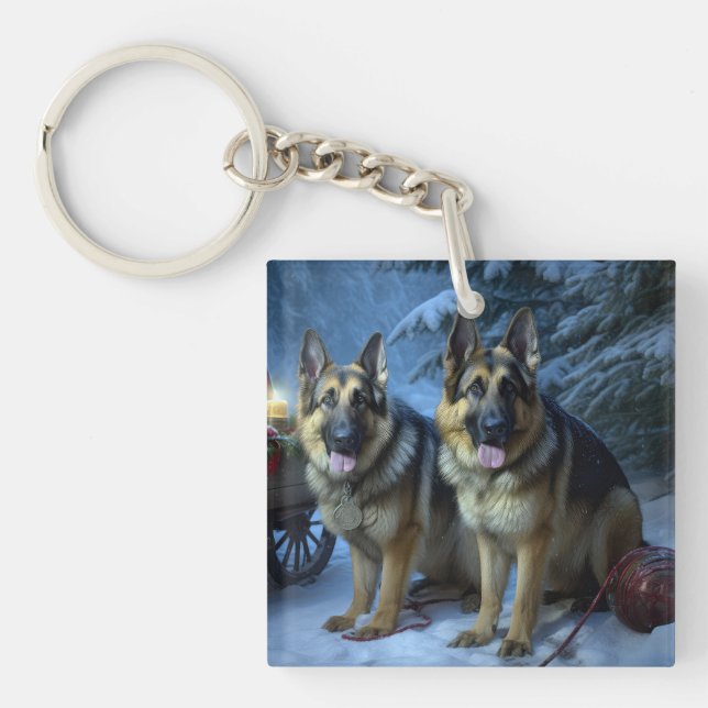 German Shepherd Snowy Sleigh Weihnachtsdekor Schlüsselanhänger (Vorderseite)