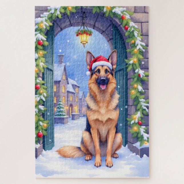 German Shepherd Snowy Town Gate Santa Christmas (Vertikal)