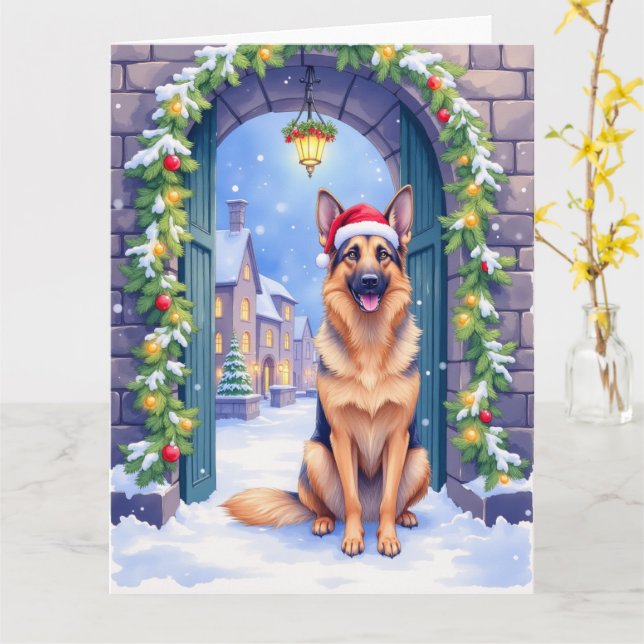 German Shepherd Snowy Town Gate Santa Christmas Karte (Gelbe Blume)
