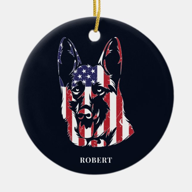 German Shepherd USA Flag Custom Keramik Ornament (Vorne)