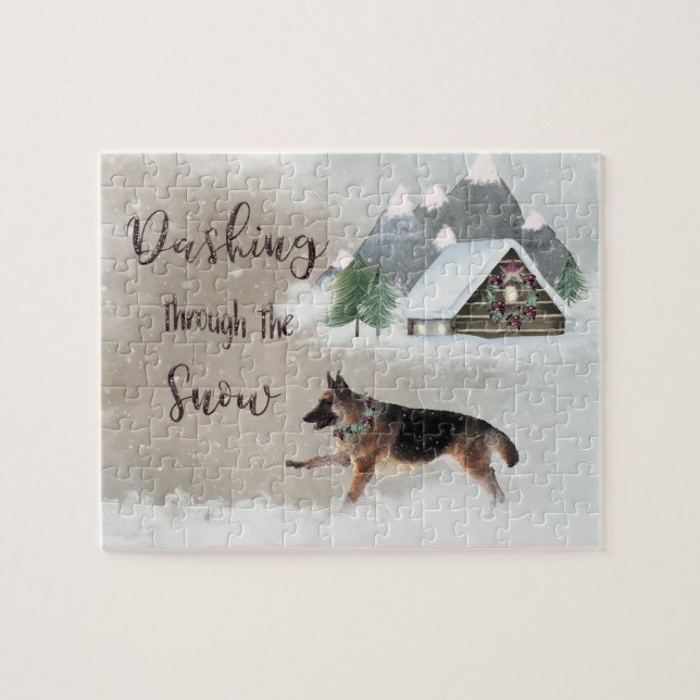 German Shepherd Watercolor Happy Holiday Scene (Horizontal)
