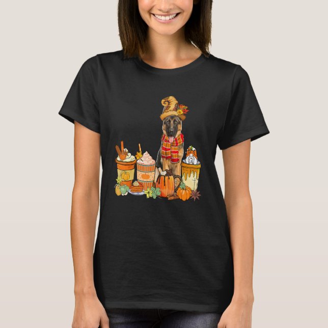 German Shepherd Wearing Hat With Coffee Cups Fall  T-Shirt (Vorderseite)