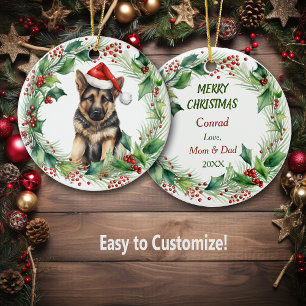 German Shepherd Welppy Holly Wreath Weihnachten Keramik Ornament