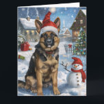 German Shepherd Winter Wonderland Christmas Joy Karte<br><div class="desc">Dieses festliche Design spiegelt den fröhlichen Geist der Urlaubssaison wider und besticht durch ein hübsches Jungtier mit einer Weihnachtsmannmütze. Der Hund ist eingebettet in ein winterliches Wunderland, mit einem Schneemann, einem dekorierten Weihnachtsbaum und wunderschön verpackten Geschenken. Schneeflocken fallen sanft ab und geben der Szene eine magische Touch, während die lebhaften...</div>