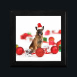 German Shepherdog w Christmas Gifts Weihnachtsmann Schmuckschachtel<br><div class="desc">Ein niedlicher deutscher Schäferhund sitzt mit Weihnachtsschmuck und Geschenken mit Weihnachtsmannmütze. Ein perfekter Weg Weihnachten zu feiern!</div>