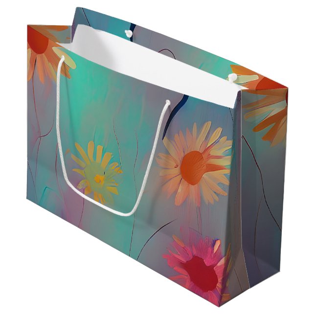Gerötete Farbtöne abstrakte Sonnenblumen Große Geschenktüte (Vorderseite Schrägansicht)