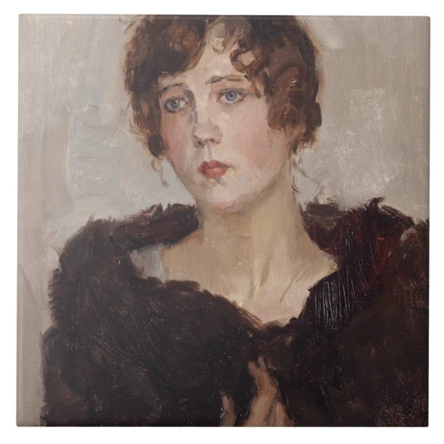 Gertie in einer Pelzmatte (von Isaac Israels) Fliese (Vorderseite)