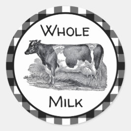 Gesamtes Milchetikett Schwarz und Weiß Gingham Runder Aufkleber