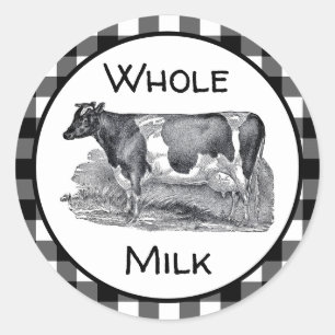 Gesamtes Milchetikett Schwarz und Weiß Gingham Runder Aufkleber