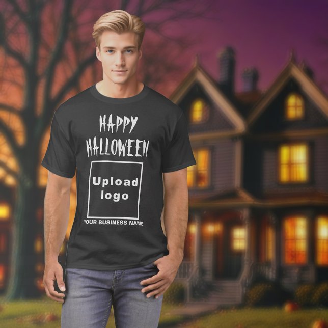 geschäftliche Halloween-Begrüßung auf schwarzem T  T-Shirt (Halloween greeting, business name and logo on black t-shirt)