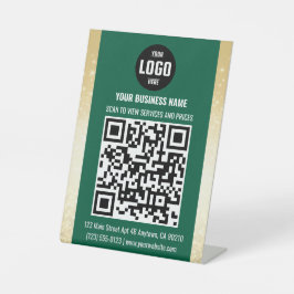 Geschäfts-QR-Code-Pedestalschild in Grün und Gold Sockelschild