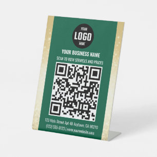 Geschäfts-QR-Code-Pedestalschild in Grün und Gold Sockelschild