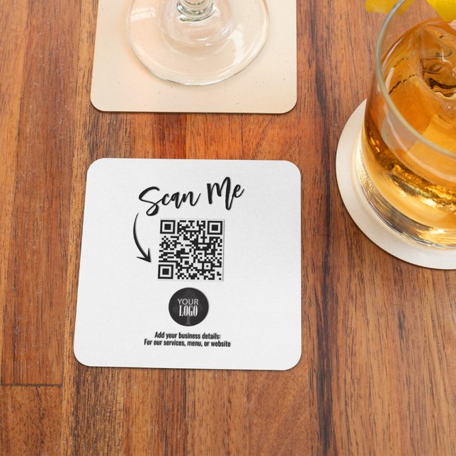 Geschäfts-QR-Code Scan mich einfach Rechteckiger Pappuntersetzer (Modern business QR code coaster for branding and menus.)