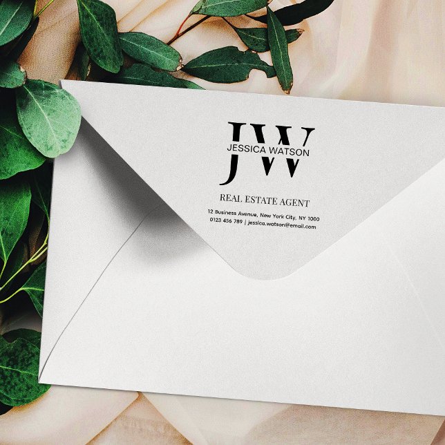 Geschäftsadresse Monogram Real Anwesen Business Gummistempel (Fully customizable business monogram black ink rubber company address stamp)