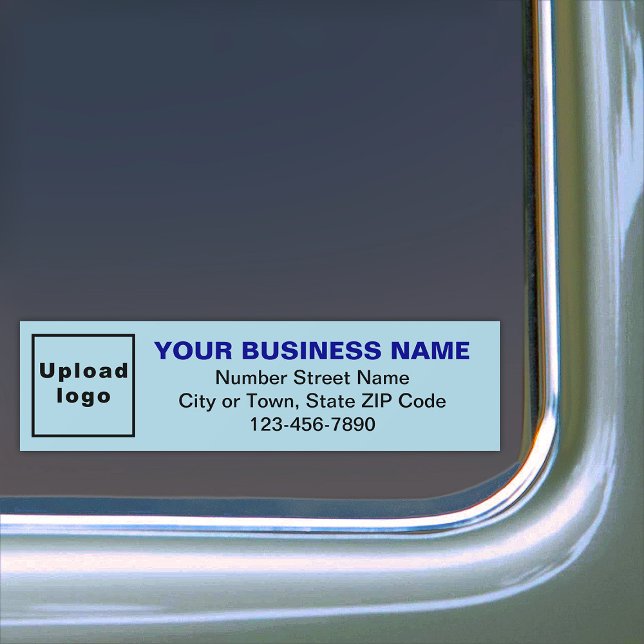 Geschäftsadresse und Telefonnummer auf hellblau Autoaufkleber (Your business name, logo, address and phone number on light blue bumper sticker.)