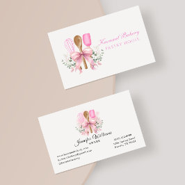 Geschäftskarte Wasserfarben Pink Bow Utensil Bäcke Visitenkarte