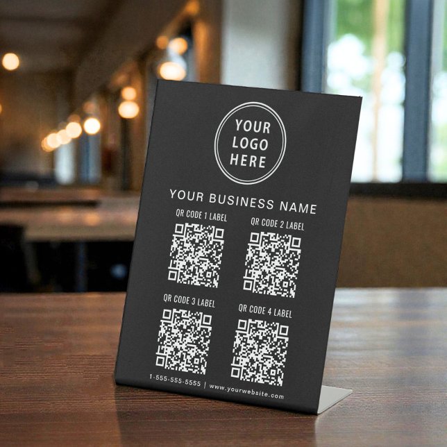Geschäftslogo 4 QR-Codes Schwarz Sockelschild (Business Logo 4 QR Codes Black Pedestal Sign)