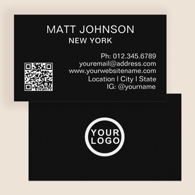 Geschäftslogo QR Code Moderne schwarze Geschäftswe Visitenkarte (Stylishly Personalize with Your Custom, Name, Logo, QR Code & Contact Information.)