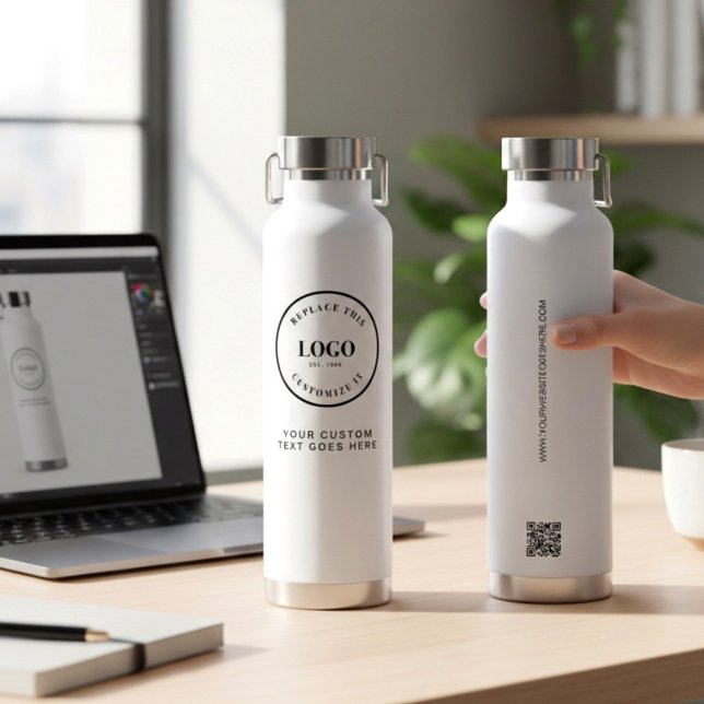 Geschäftslogo und benutzerdefinierter Text QR-Code Trinkflasche (Minimalist, simple, professional Business merchandise, custom logo, text, website and QR code.)