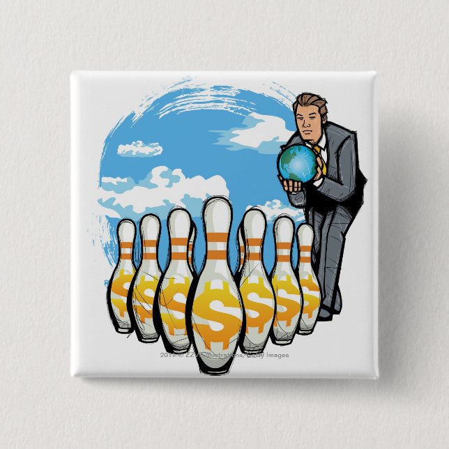 Geschäftsmann-Bowling eine Kugel in Richtung zu Button (Vorderseite)