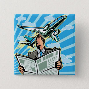 Geschäftsmann mit Zeitung und Flugzeug oben Button