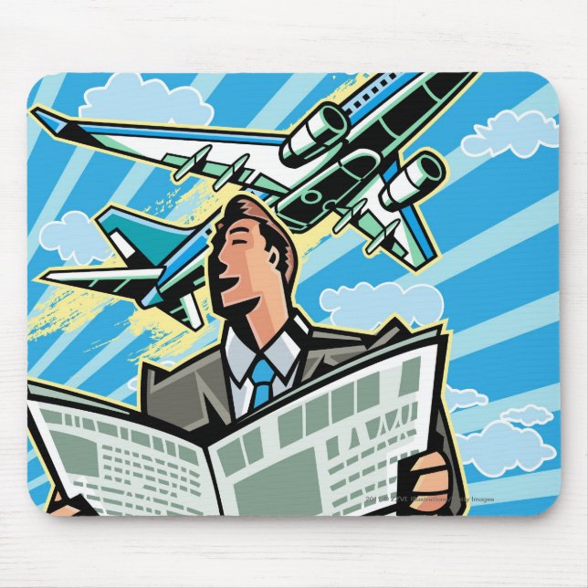 Geschäftsmann mit Zeitung und Flugzeug oben Mousepad (Vorne)