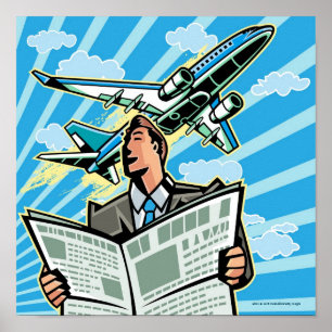 Geschäftsmann mit Zeitung und Flugzeug oben Poster