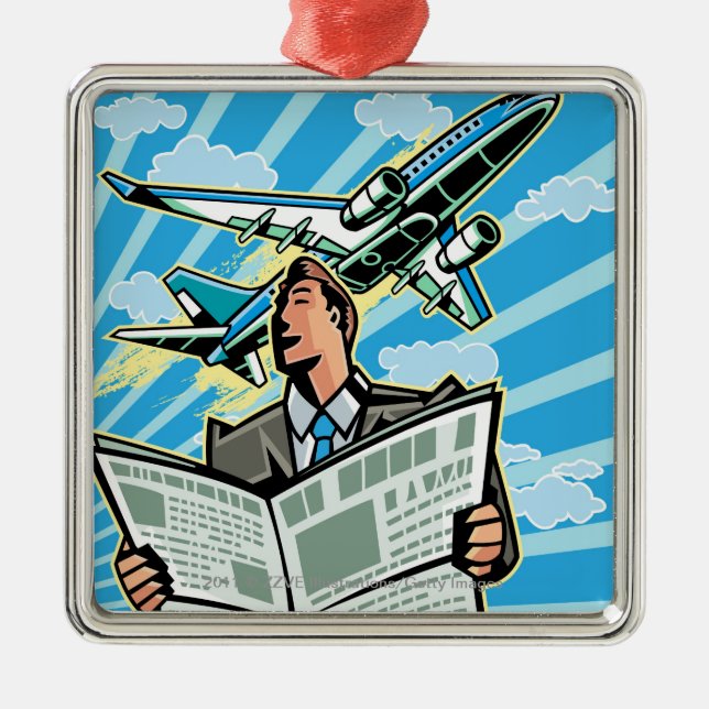 Geschäftsmann mit Zeitung und Flugzeug oben Silbernes Ornament (Vorne)