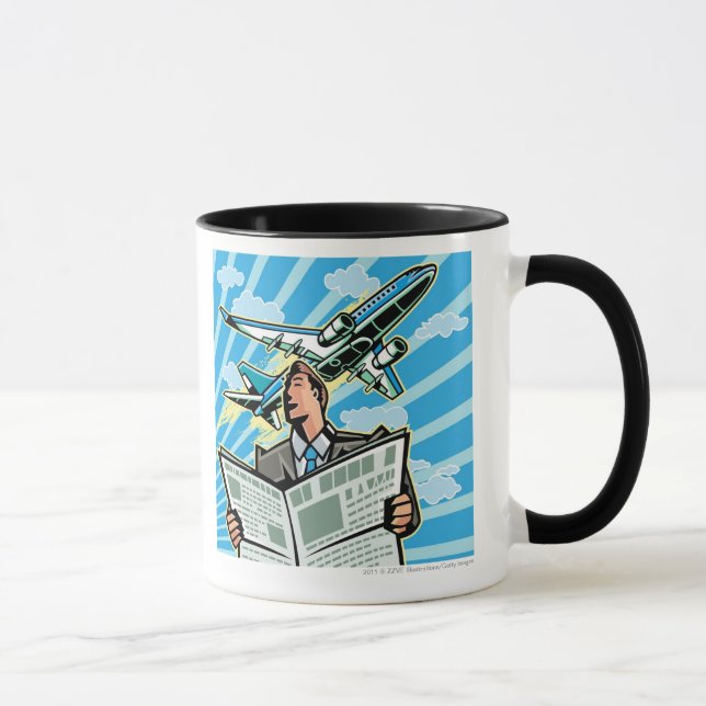 Geschäftsmann mit Zeitung und Flugzeug oben Tasse (Rechts)