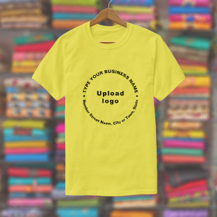 Geschäftsmarke im runden Muster Text auf Gelb T-Shirt
