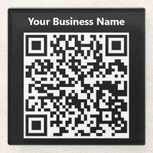 Geschäftsname plus QR-Code auf einem Glasuntersetzer
