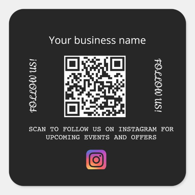 Geschäftsname Schwarz-weißer qr Codeinstagramm Quadratischer Aufkleber (Vorderseite)