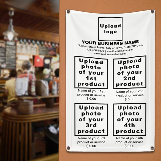 Geschäftsprodukte auf weißem Portrait-Banner Banner (White banner to display the products or services of your business)