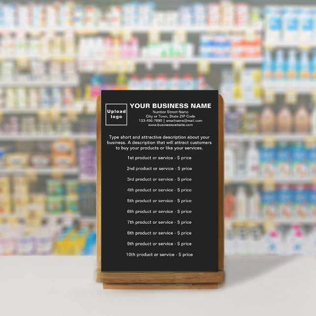 Geschäftsprodukte oder -dienstleistungen auf schwa briefpapier (Your business products or services on black stationery.)