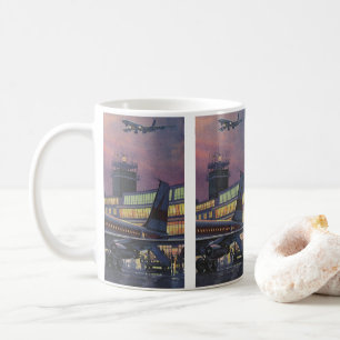 Geschäftsreisende in alter Zeit am Flughafen an Bo Kaffeetasse