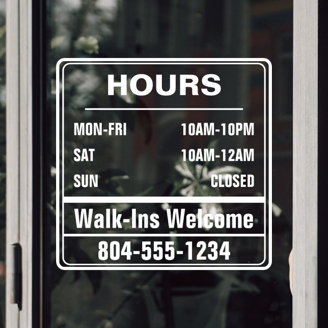 Geschäftszeiten Laufen in Telefonnummer Fensteraufkleber (store hours of operation transparent door sticker)
