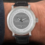 Geschenk für Husband. 25. Hochzeitstag Armbanduhr<br><div class="desc">25. Jubiläum Geschenkuhr für den Mann. Besondere Uhr mit Einschreibung. 25. Hochzeitstag Uhr,  die eine Inschrift rund um die Uhr,  plus die Nachricht "Mit Liebe". Auch die Namen beider Partner. Hochzeitstag Uhr für den Mann.</div>