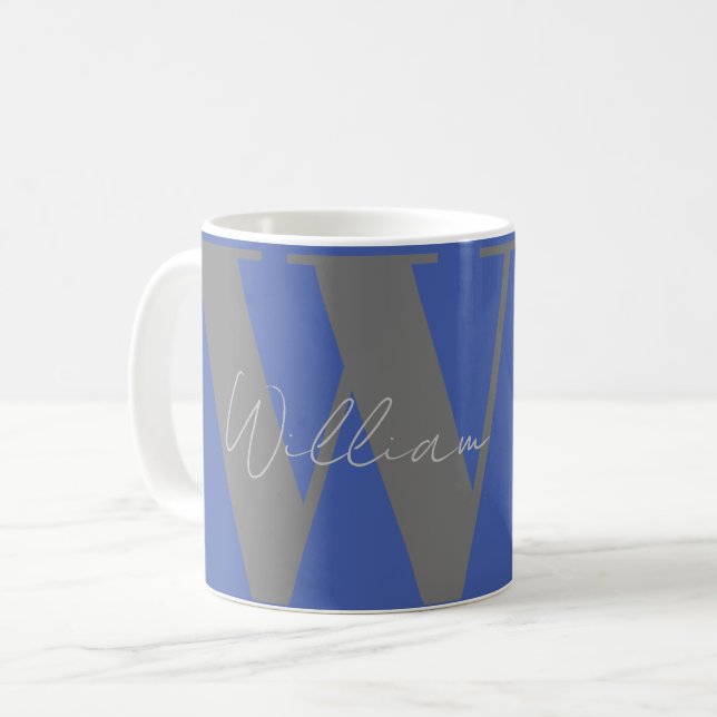 Geschenk für ihn Monogram Name blau grau stylische Kaffeetasse (Vorderseite Links)