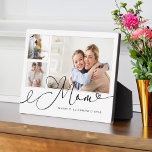 Geschenk für Mama | Muttertag 3 FotoCollage Fotoplatte<br><div class="desc">Schick deiner Mutter ein wunderschönes personalisiertes Geschenk, das sie für immer schätzen wird. Spezielle personalisierte Foto-Collage-Plakette für die Mutter, um Ihre eigenen speziellen Fotos und Erinnerungen zu zeigen. Unser Design zeichnet sich durch ein einfaches 3-Foto-Collage-Design mit "Mom" aus, das in einem schönen, handgeschriebenen schwarzen Skriptstil entworfen wurde. Jedes Foto ist...</div>