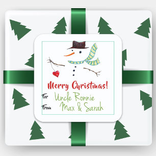 Geschenk Label Weihnachten Weihnachten Schneemann  Quadratischer Aufkleber