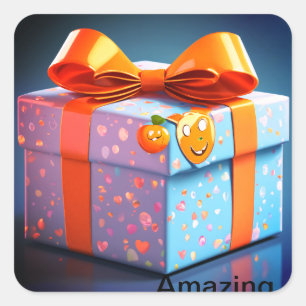 Geschenk mit Gesicht, Emoji wow, Orangenbogen, hoh Quadratischer Aufkleber