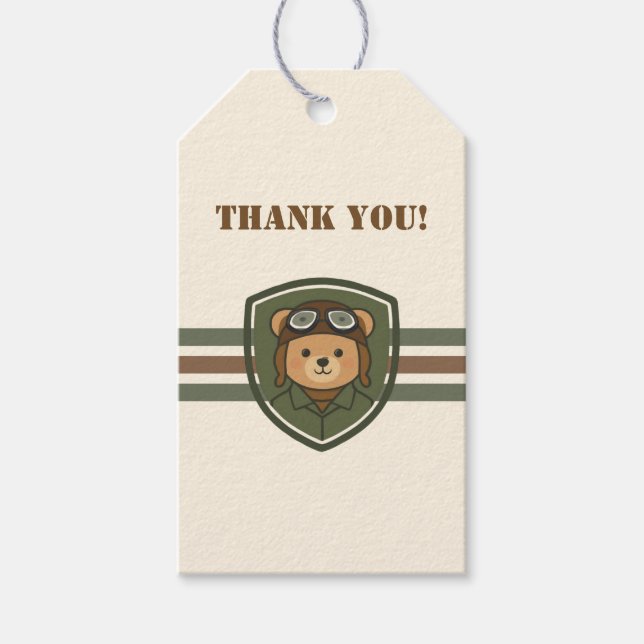 Geschenkanhänger Aviator Bär Militärparty (Vorderseite)