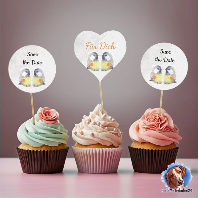 Geschenkaufkleber - Kohlmeisen - Aquarell Herz-Aufkleber (Kuchendeko Aufkleber für deine Feier mit niedlichen Vogelkücken im Aquarell-Design)