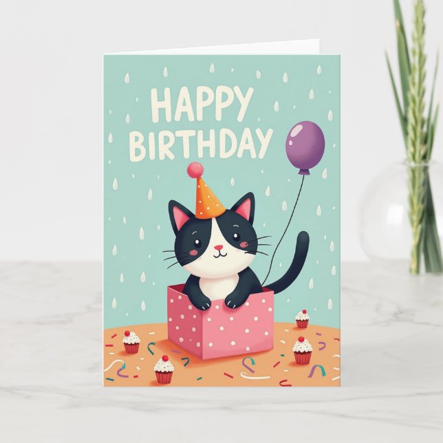 Geschenkbox-Katz Geburtstagskarte Karte (Vorderseite)