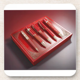 Geschenkboxen und fünf einzigartige Kugelschreiber Getränkeuntersetzer