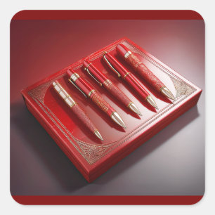 Geschenkboxen und fünf einzigartige Kugelschreiber Quadratischer Aufkleber