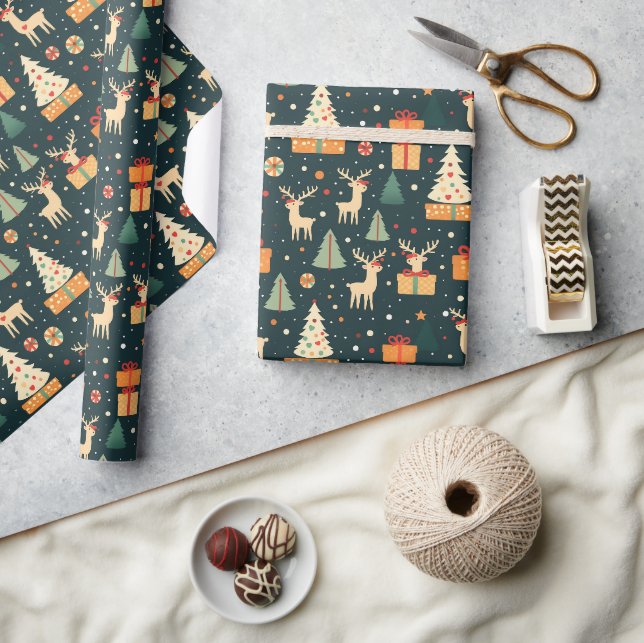 Geschenke für Hirsche Weihnachtsbaumen Dunkles Mus Geschenkpapier (Kunsthandwerk)