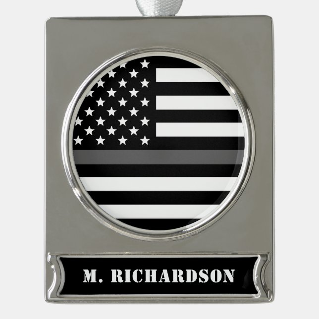 Geschenke für kundenspezifische dünne graue Linie Banner-Ornament Silber (Vorderseite)