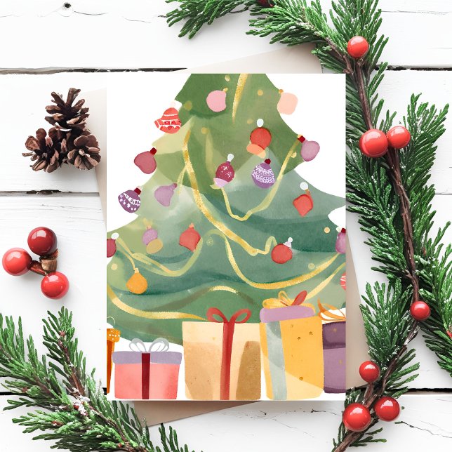 Geschenke unter dem Weihnachtsbaum | Aquarell Feiertagspostkarte (Von Creator hochgeladen)
