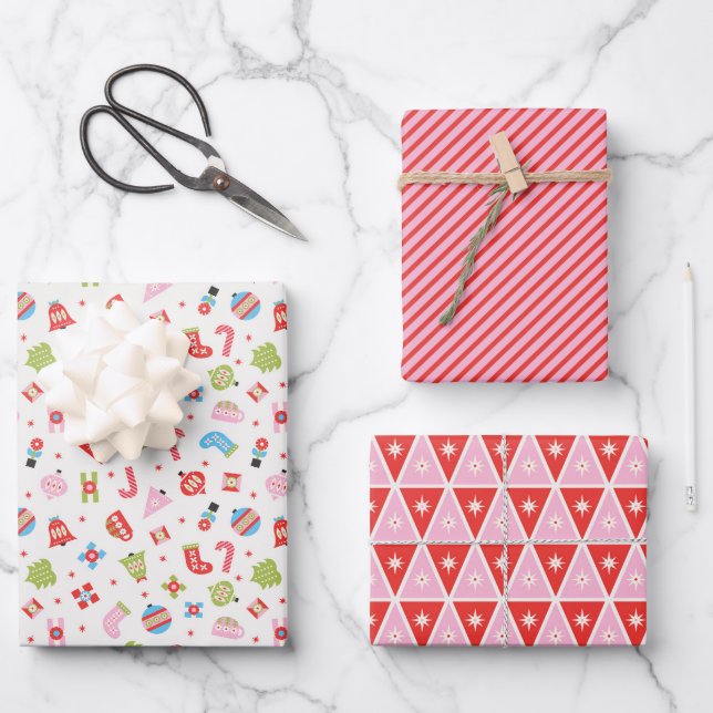 Geschenke von Weihnachten Rot und Rosa Wrapping Pa Geschenkpapier Set (Vorderseite)